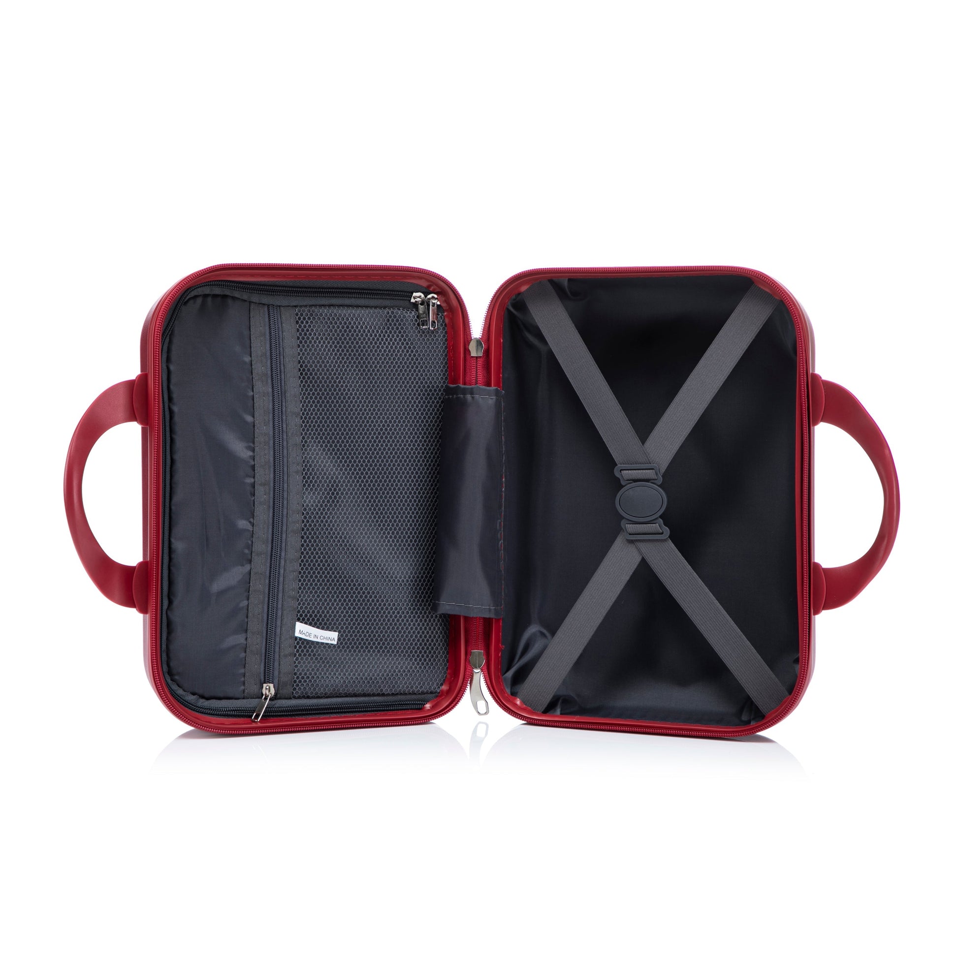 Red ABS spinner luggage set opened to show front opening; left mesh pocket, right cross straps on Tampa Home & Garden Store