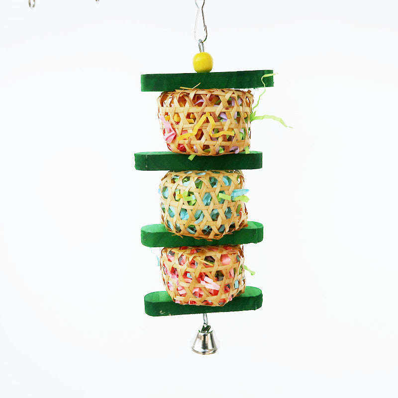 Parrot Supplies Bird Toy with three woven rattan balls on green wood skewers and ribbons on Tampa Home & Garden Store