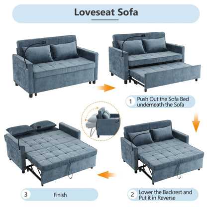 Two blue sleeper loveseats by Unique Piece Furniture in sofa-to-bed setup with pull-out bed on Tampa Home & Garden Store