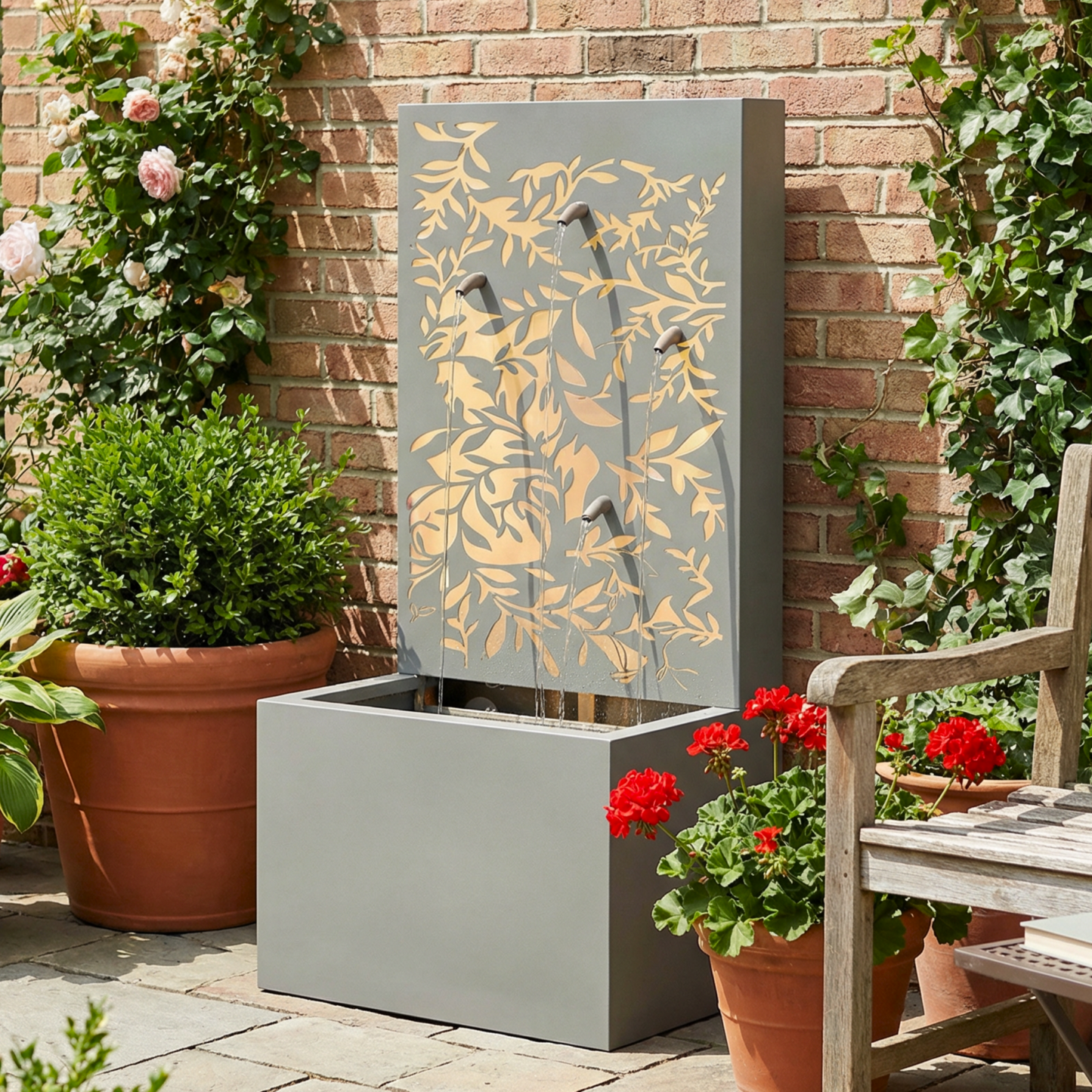 Gray Metal Leaf Cutout Outdoor Fountain with Led
