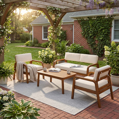 4-Piece teak outdoor sofa set with cream cushions by HouseOfZazla on Tampa Home & Garden Store