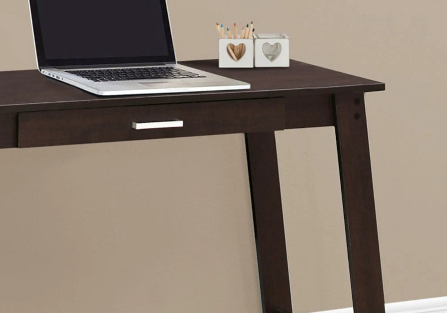 Dark wood computer desk with front drawer and heart-cut pencil holders on top, modern writing desk on Tampa Home & Garden Store