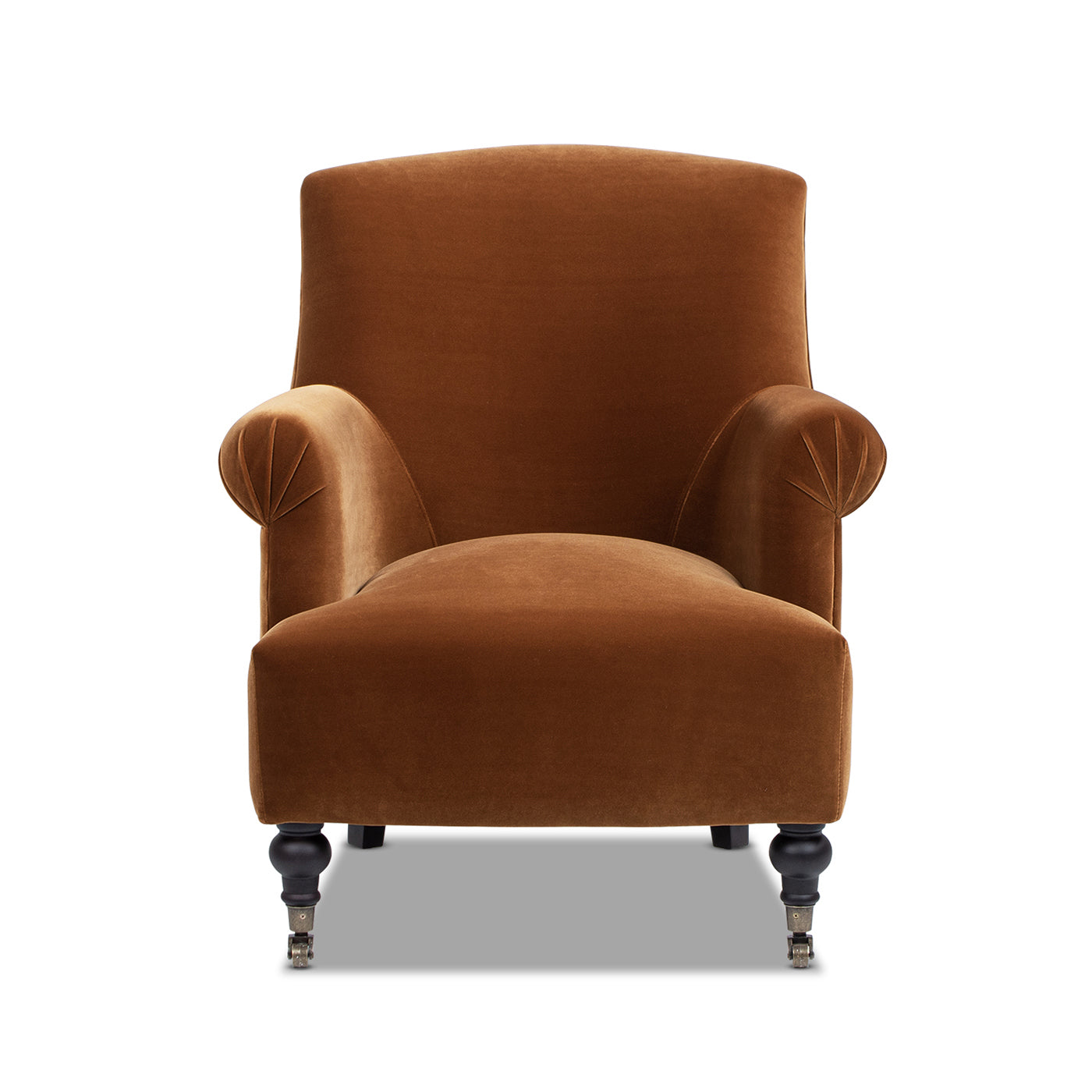 Eloise 30in Pleated Sock Arm Accent Armchair in burnt orange performance velvet with caster legs on Tampa Home & Garden Store