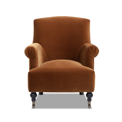 Eloise 30in Pleated Sock Arm Accent Armchair in burnt orange performance velvet with caster legs on Tampa Home & Garden Store