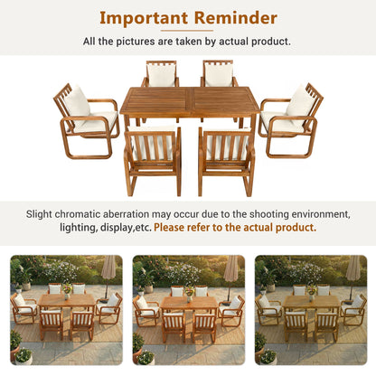 7-piece patio dining set with wooden slatted table and six cream chairs by HouseOfZazla on Tampa Home & Garden Store