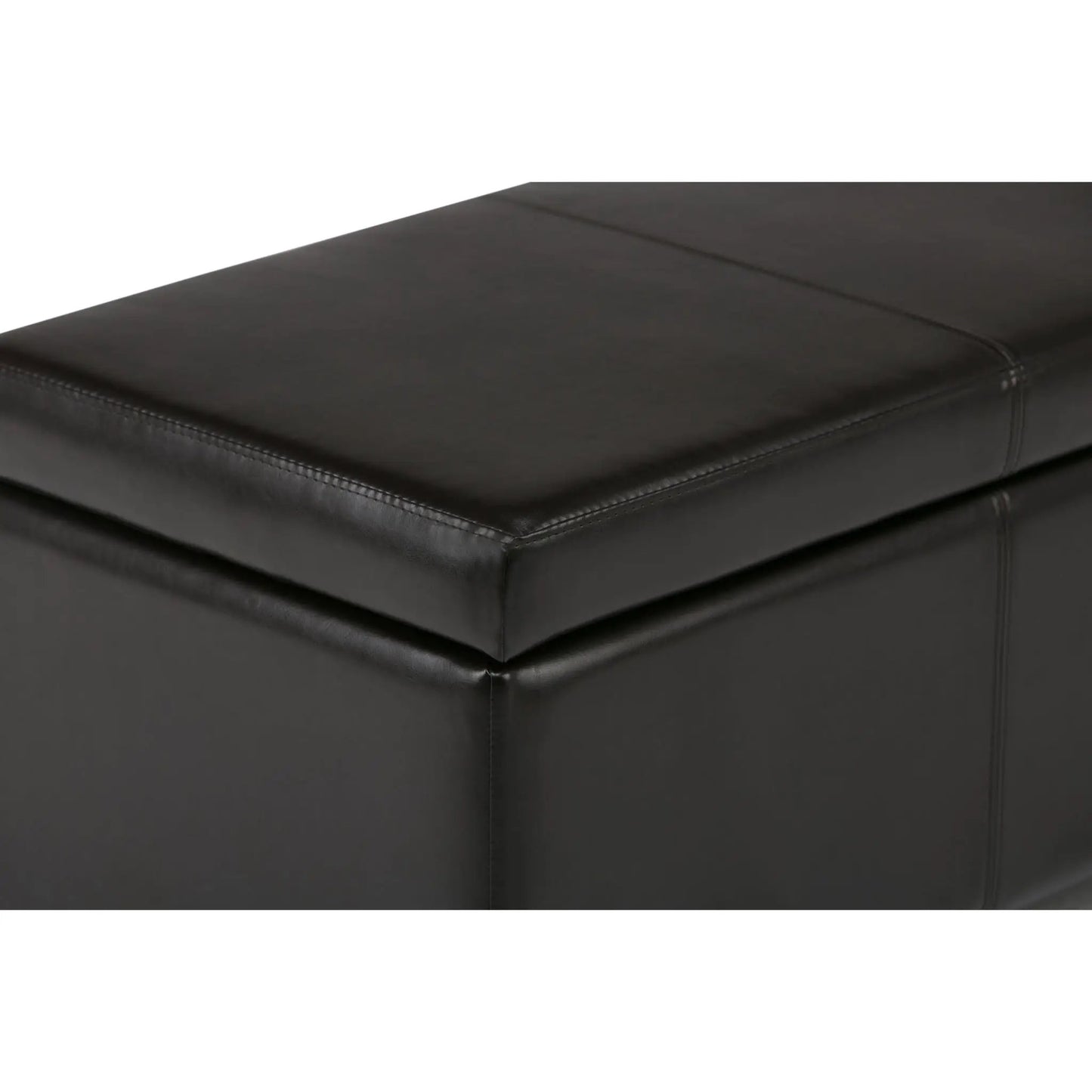 Avalon multifunctional storage ottoman bench in black leather with visible stitching on Tampa Home & Garden Store