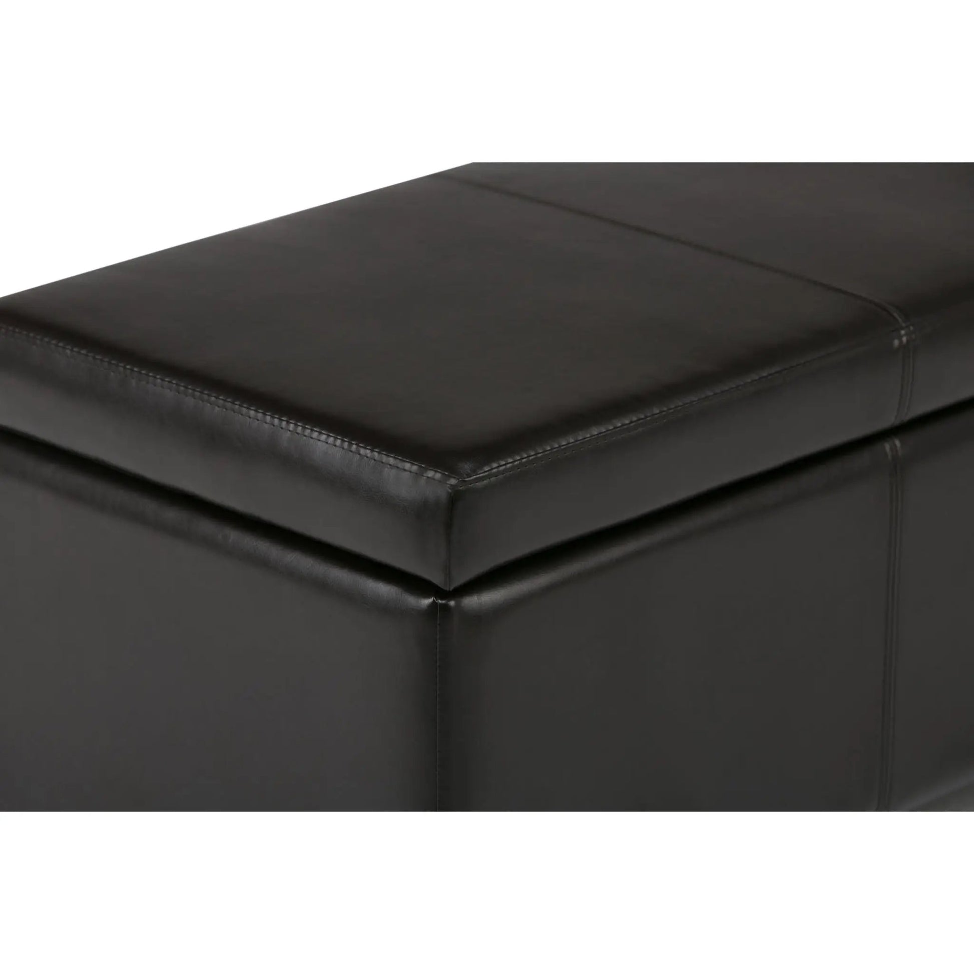 Avalon multifunctional storage ottoman bench in black leather with visible stitching on Tampa Home & Garden Store