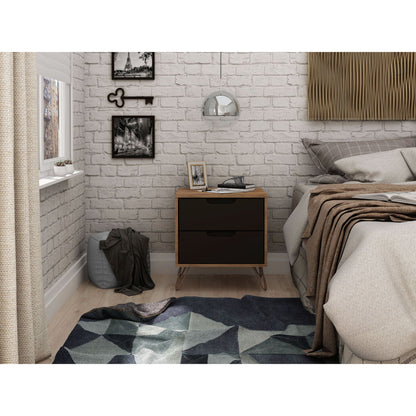 2-drawer nightstand with durable splayed legs, natural wood frame and black drawer fronts on Tampa Home & Garden Store