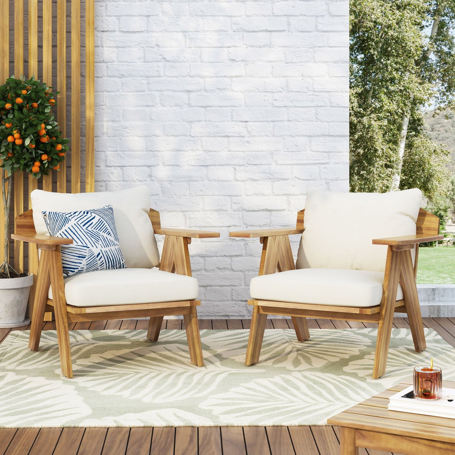 Outdoor Acacia Wood Club Chairs Set of 2 with Beige Cushions in teak finish by HouseOfZazla on Tampa Home & Garden Store