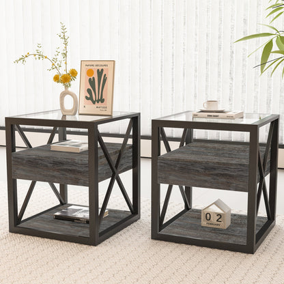 Set of 2 modern end tables with glass tops and dark metal frames on Tampa Home & Garden Store