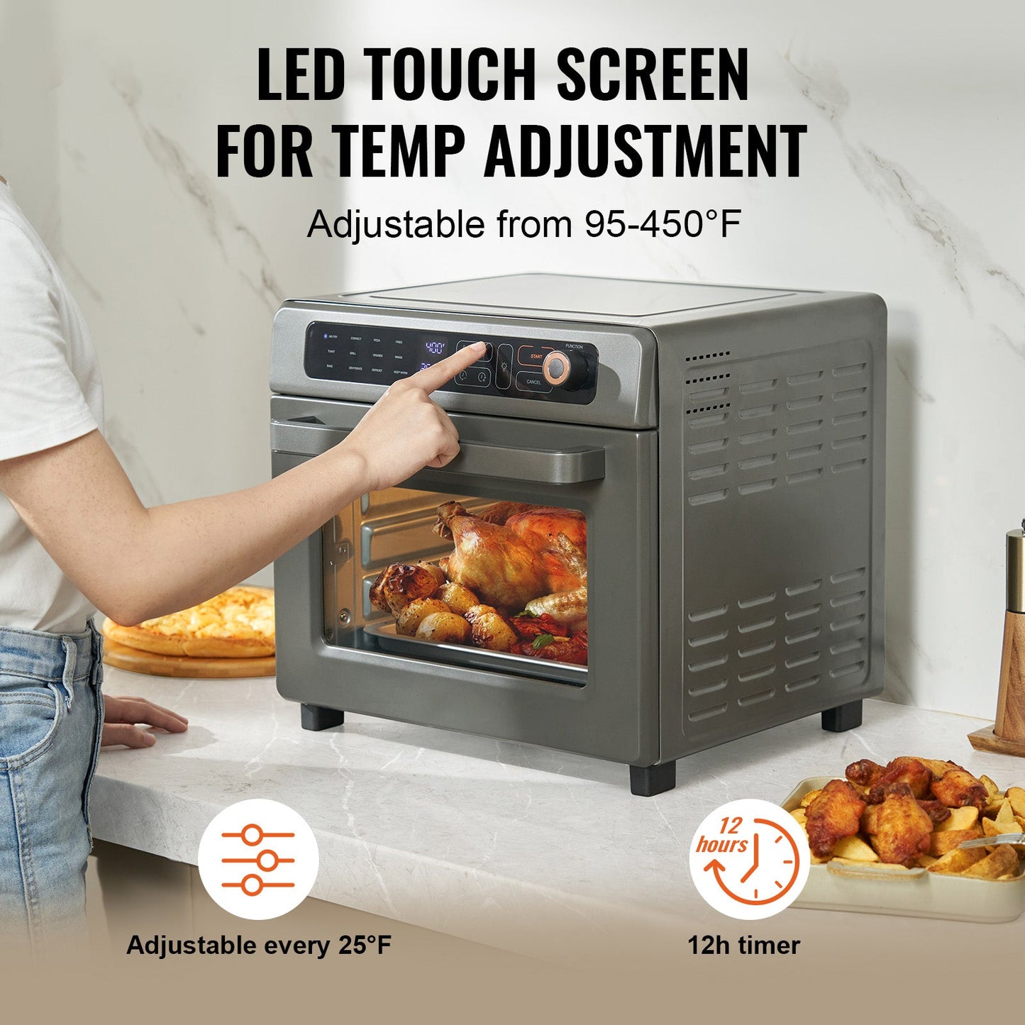 12-in-1 stainless steel air fryer toaster oven 25L 1700W HouseOfZazla; roasted chicken inside on Tampa Home & Garden Store