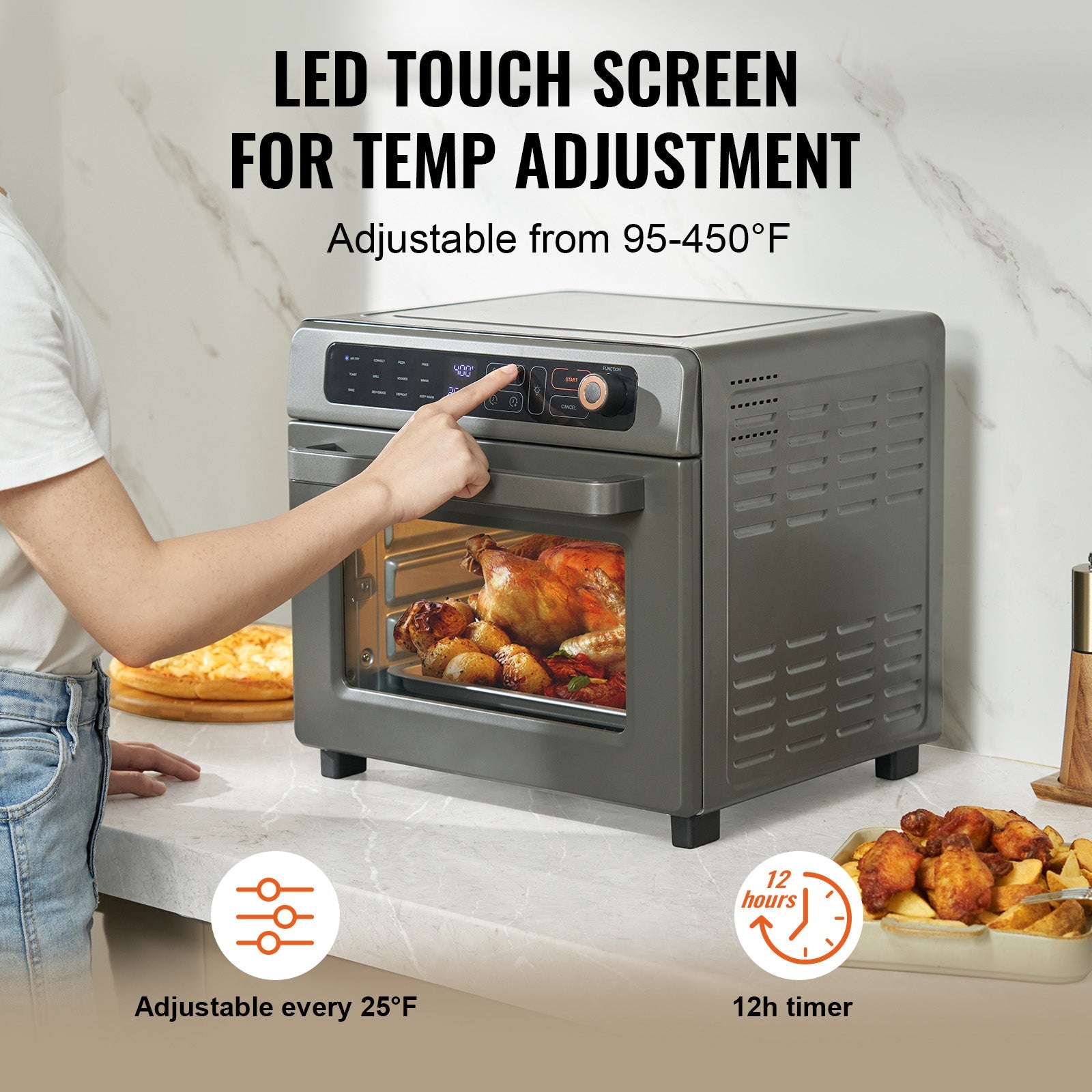 12-in-1 stainless steel air fryer toaster oven 25L 1700W HouseOfZazla; roasted chicken inside on Tampa Home & Garden Store