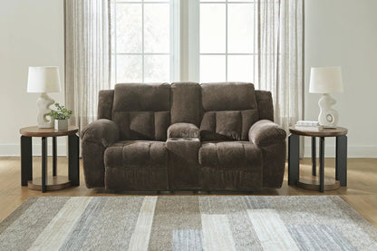 Frohn dbl reclining loveseat with console in brown plush fabric for a cozy living room on Tampa Home & Garden Store
