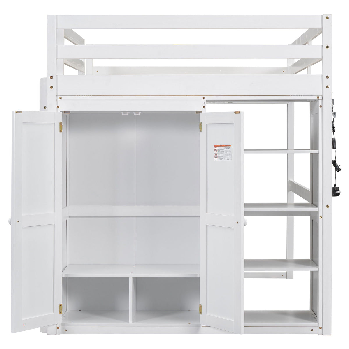 Loft bed with built-in wardrobe and open storage shelves in white finish on Tampa Home & Garden Store