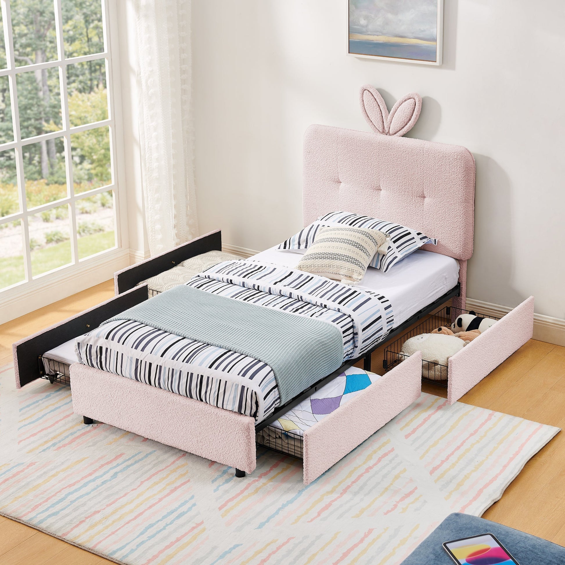 Twin size kids upholstered bed with oversized pink rabbit ear headboard, 2 beds HouseOfZazla on Tampa Home & Garden Store