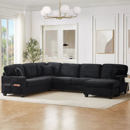 Upholstered U-Shaped Sectional Sofa in black with movable ottoman and side storage pockets on Tampa Home & Garden Store
