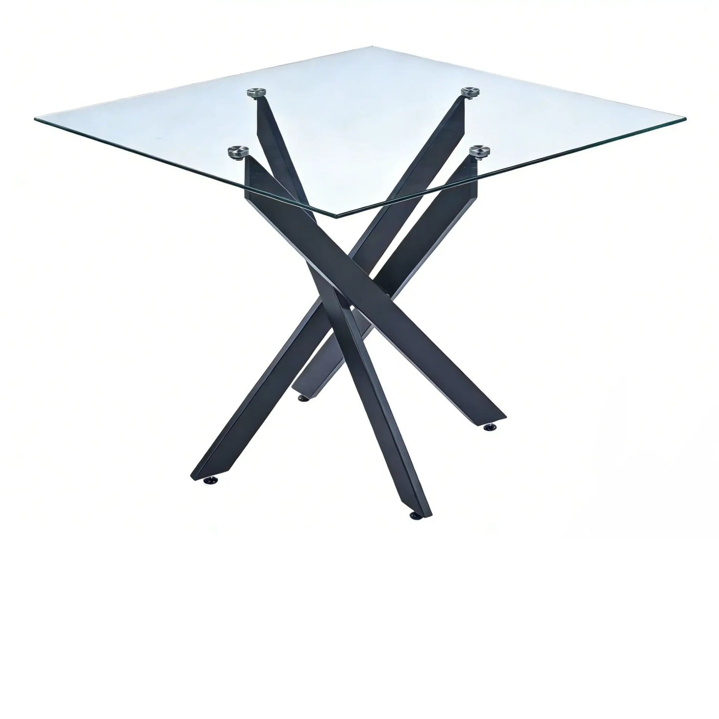Dining table with square tempered glass top and black cross metal legs on Tampa Home & Garden Store