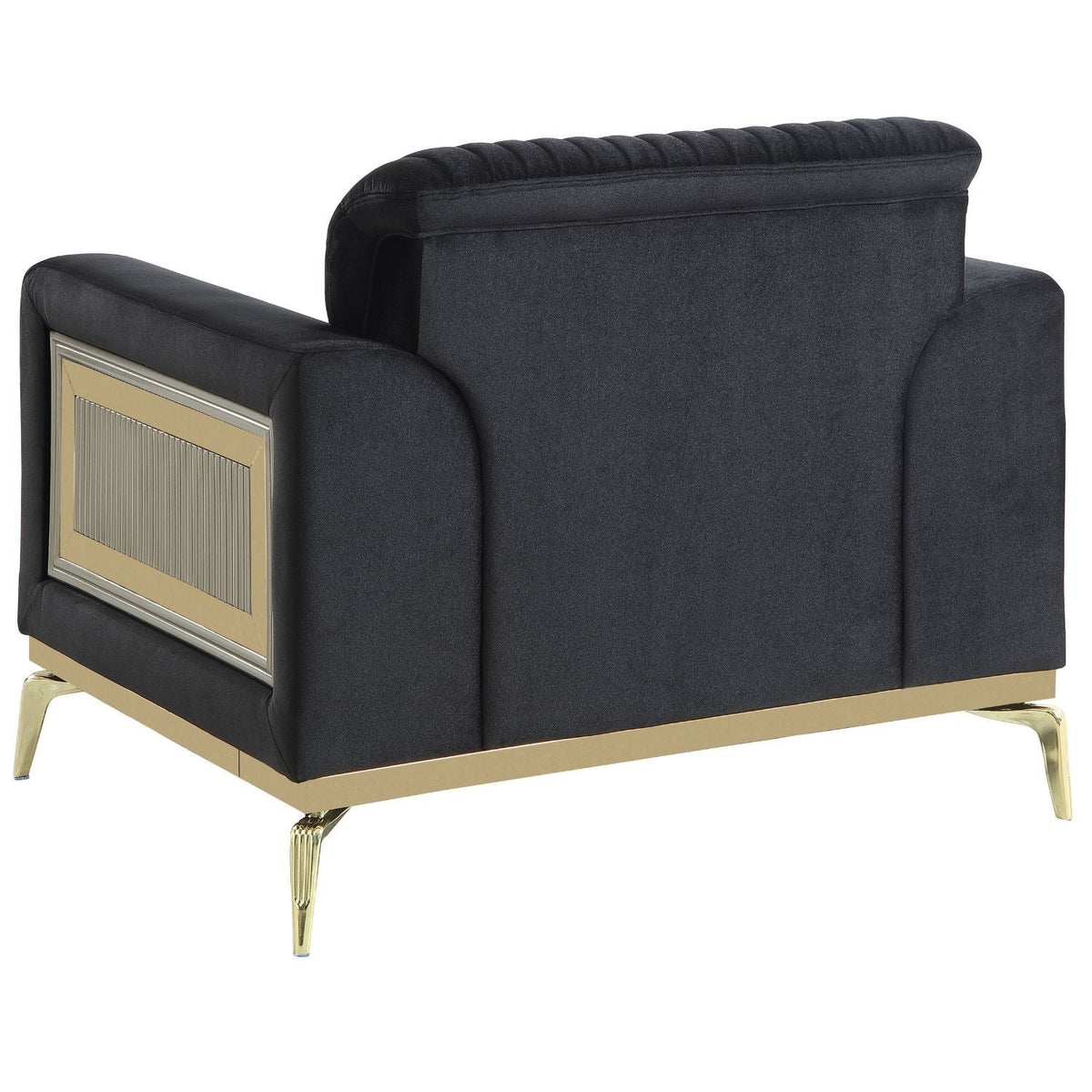 Antigua Upholstered Arm Chair with Metal Frame in black fabric, gold-tone base on Tampa Home & Garden Store