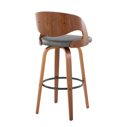 Mid-Century modern barstool set with curved wood back and gray upholstered seat, swivel footrest on Tampa Home & Garden Store