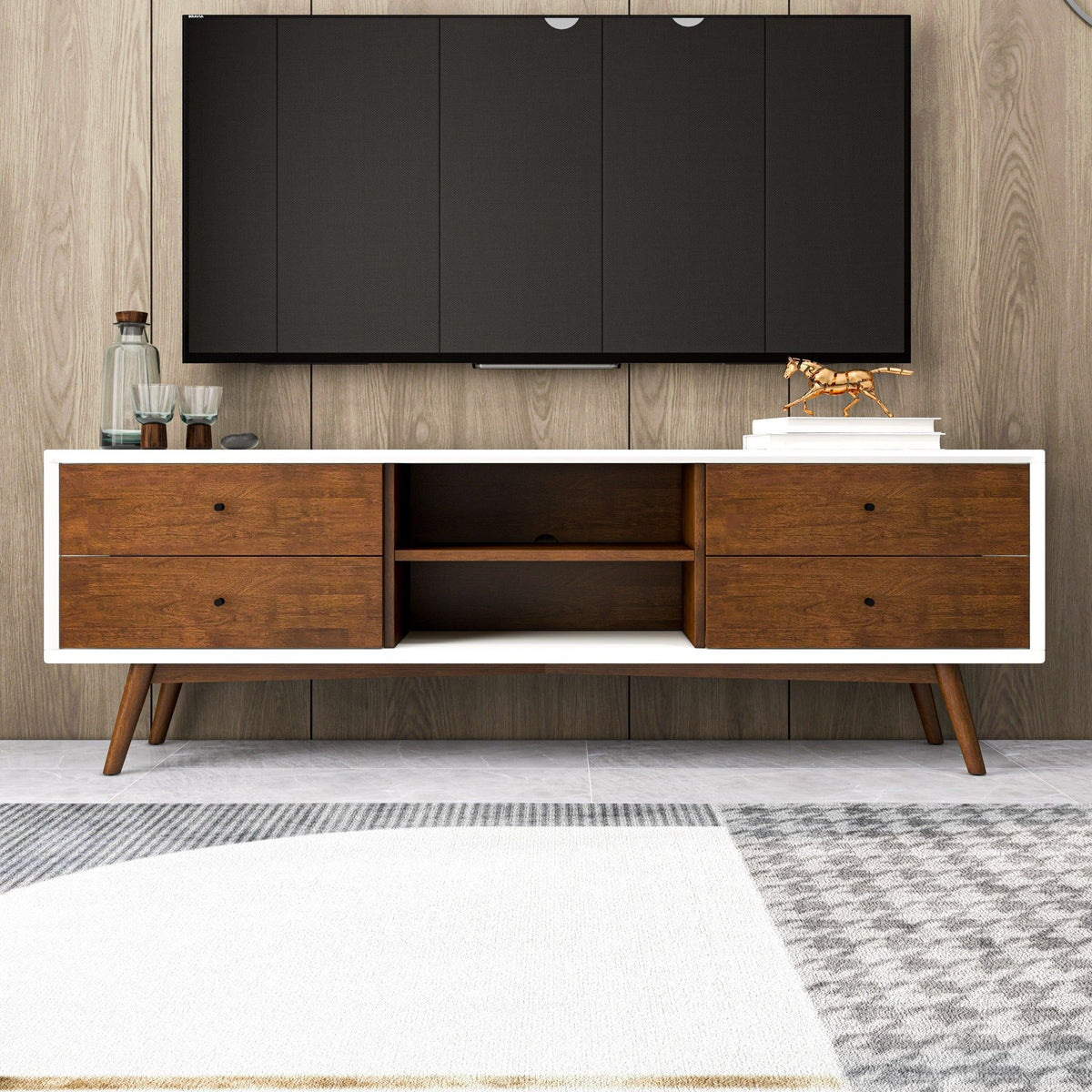 HouseOfZazla TV Stand up to 72 in, solid wood with white frame and dark brown drawers on Tampa Home & Garden Store
