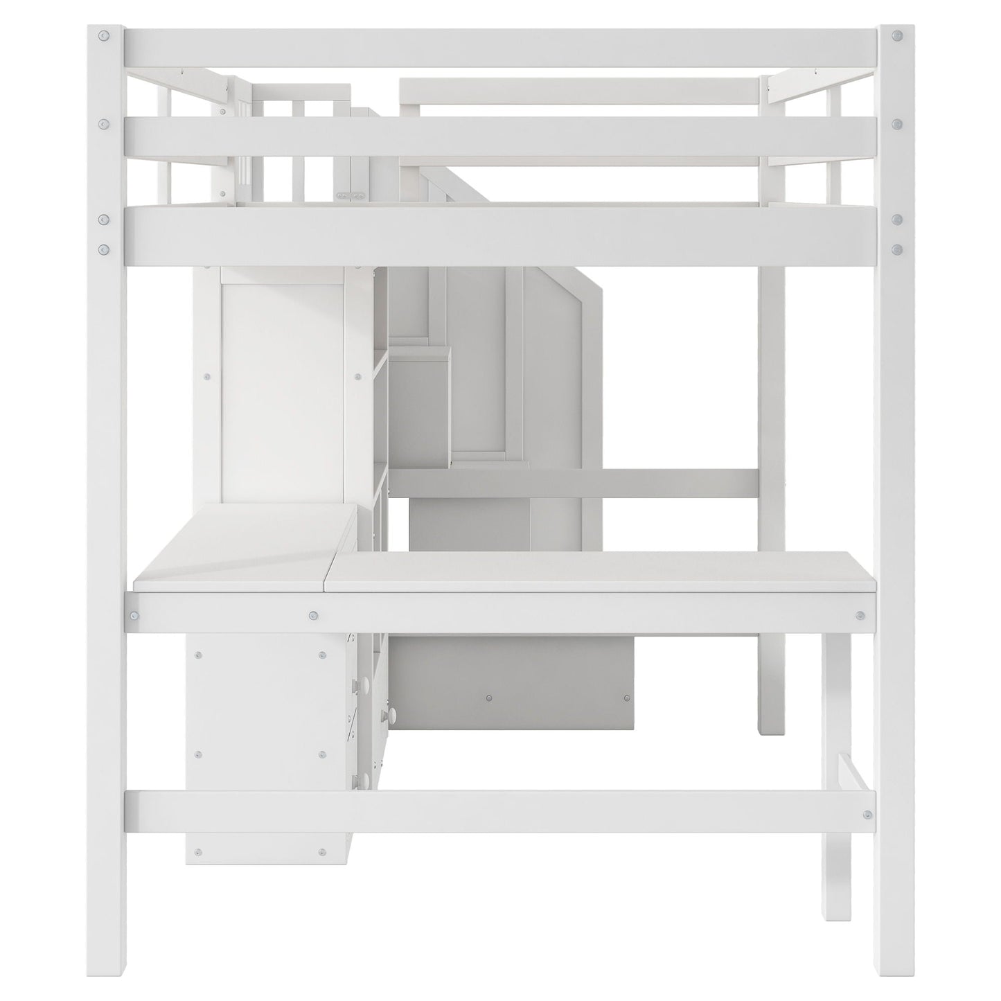 Loft bed with L-shaped desk, drawers, cabinet and storage staircase in white on Tampa Home & Garden Store