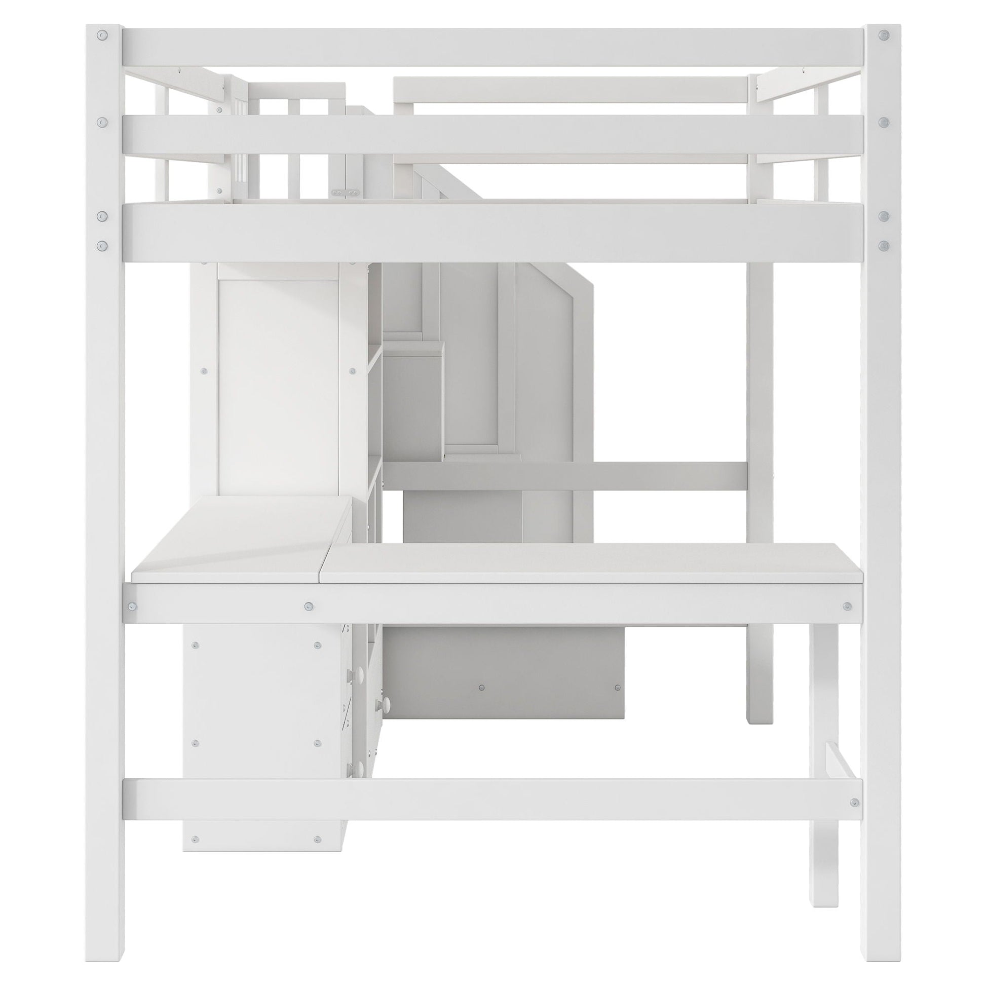 Loft bed with L-shaped desk, drawers, cabinet and storage staircase in white on Tampa Home & Garden Store