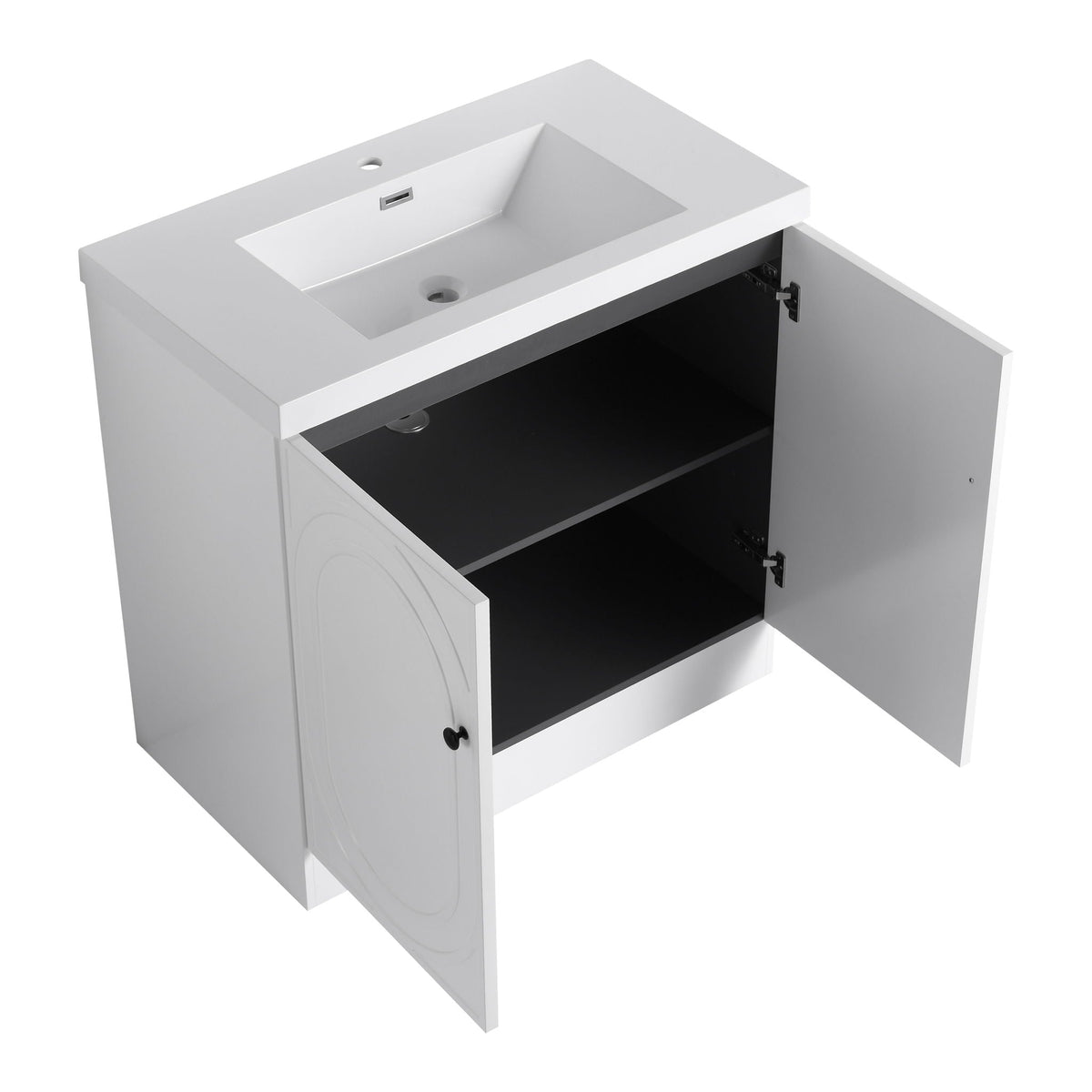 Freestanding white vanity with resin sink, open cabinet interior, curved paneled door on Tampa Home & Garden Store