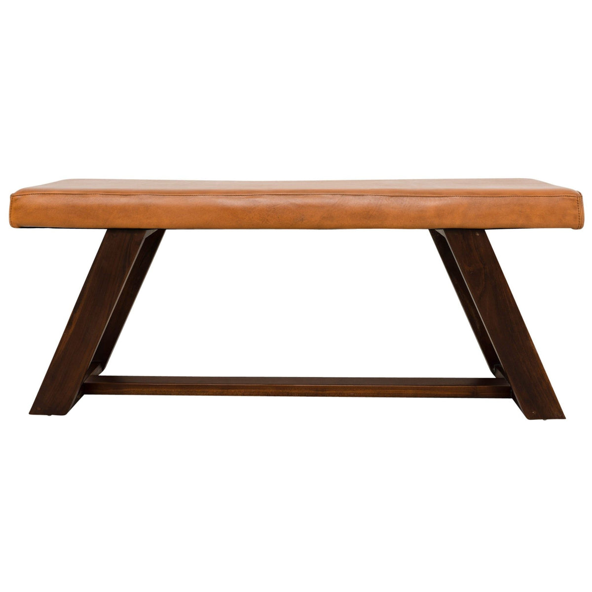 Upholstered bench in light brown leather with hand-stitched accents, dark wood legs on Tampa Home & Garden Store