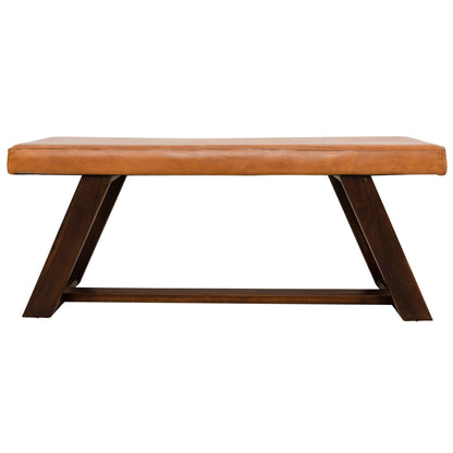 Upholstered bench in light brown leather with hand-stitched accents, dark wood legs on Tampa Home & Garden Store