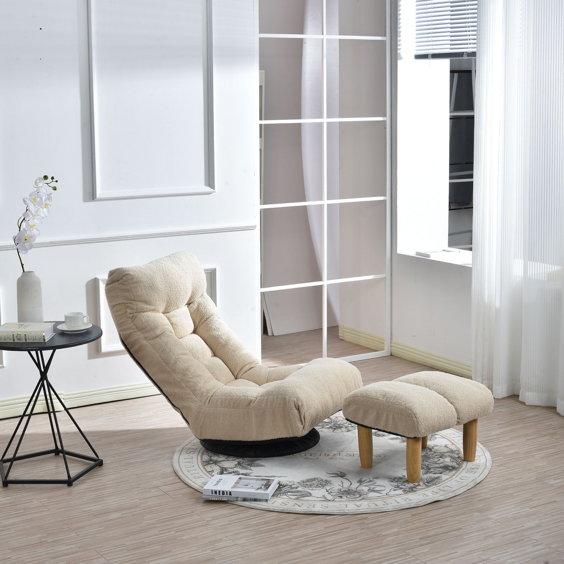 Adjustable Japanese reclining floor chair with metal frame and matching ottoman beige on Tampa Home & Garden Store