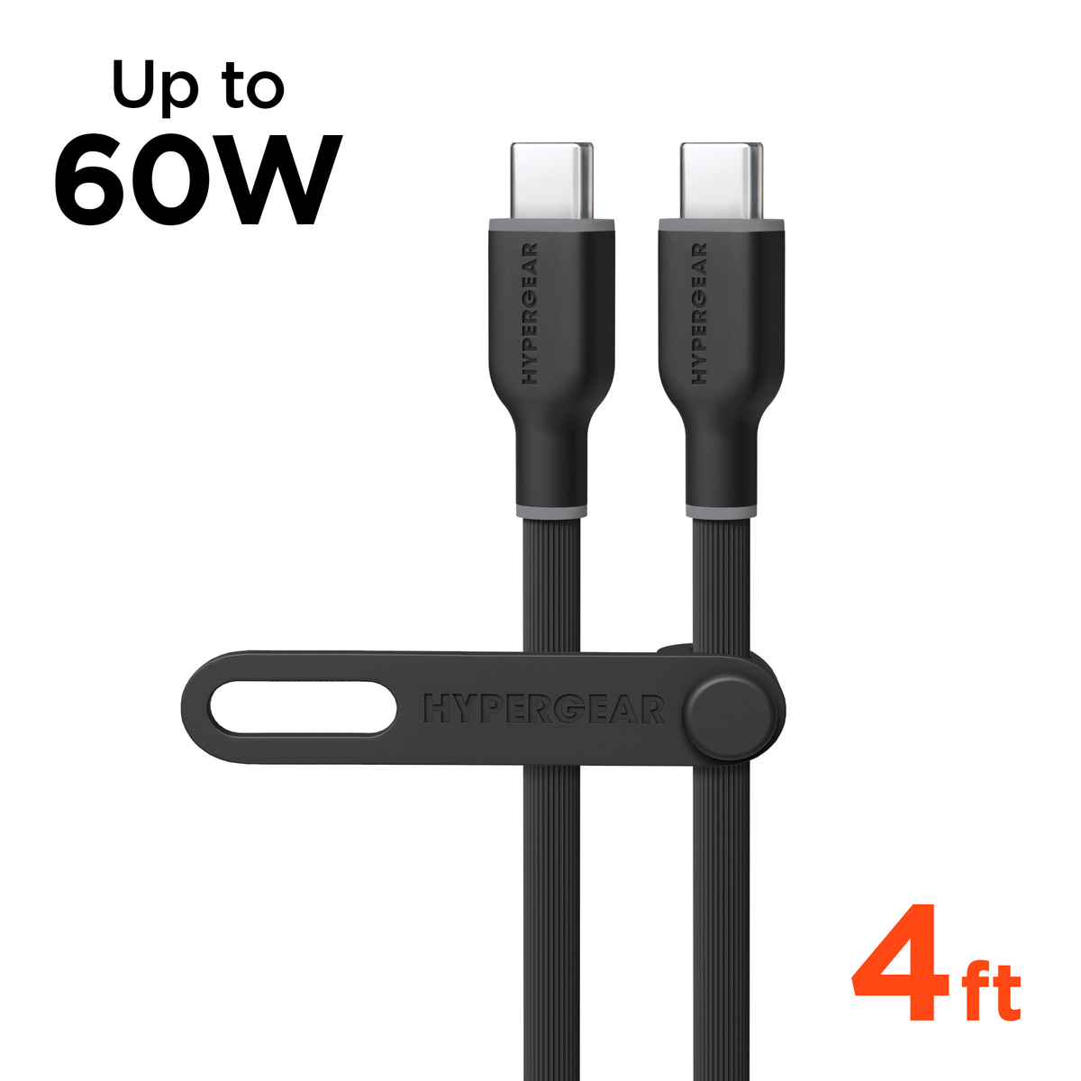 Flexi PRO USB-C to USB-C cable 4ft, black with Hypergear branding on connectors, up to 60W on Tampa Home & Garden Store
