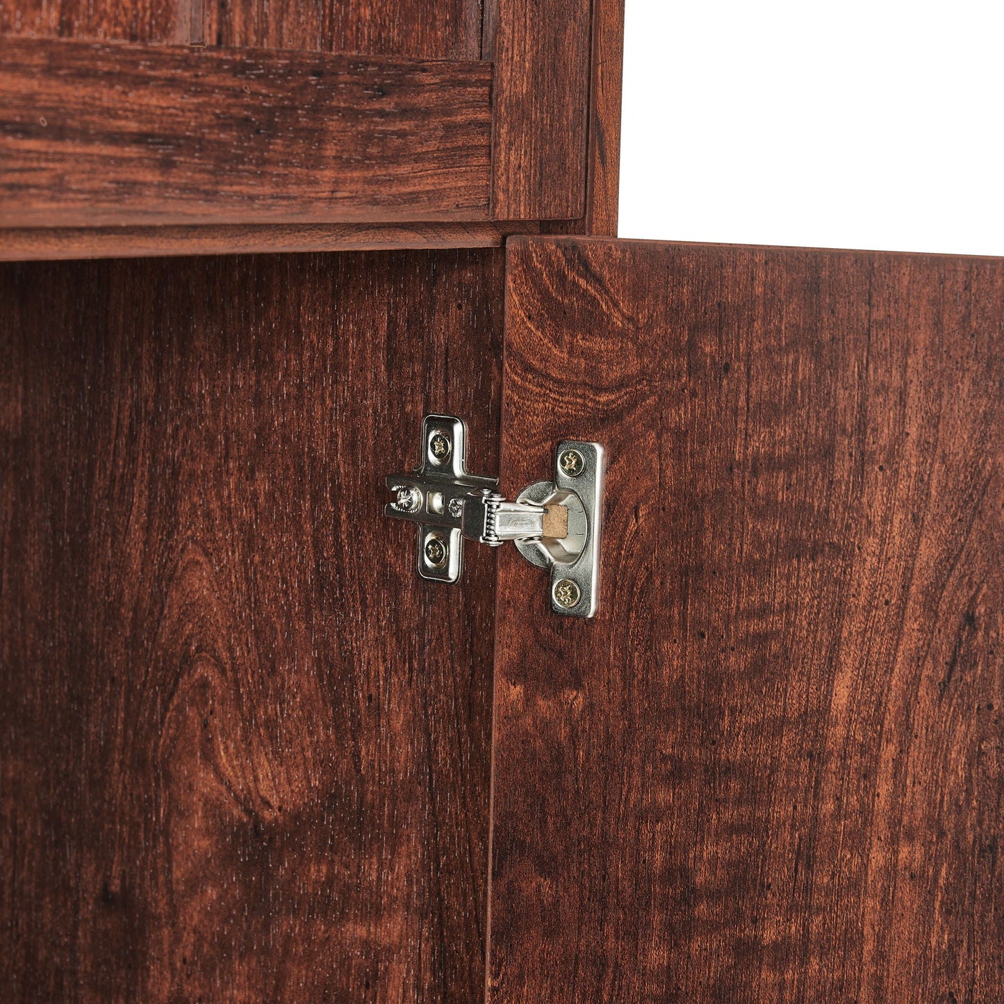 Tall wooden storage cabinet door close-up with metal hinge hardware on Tampa Home & Garden Store