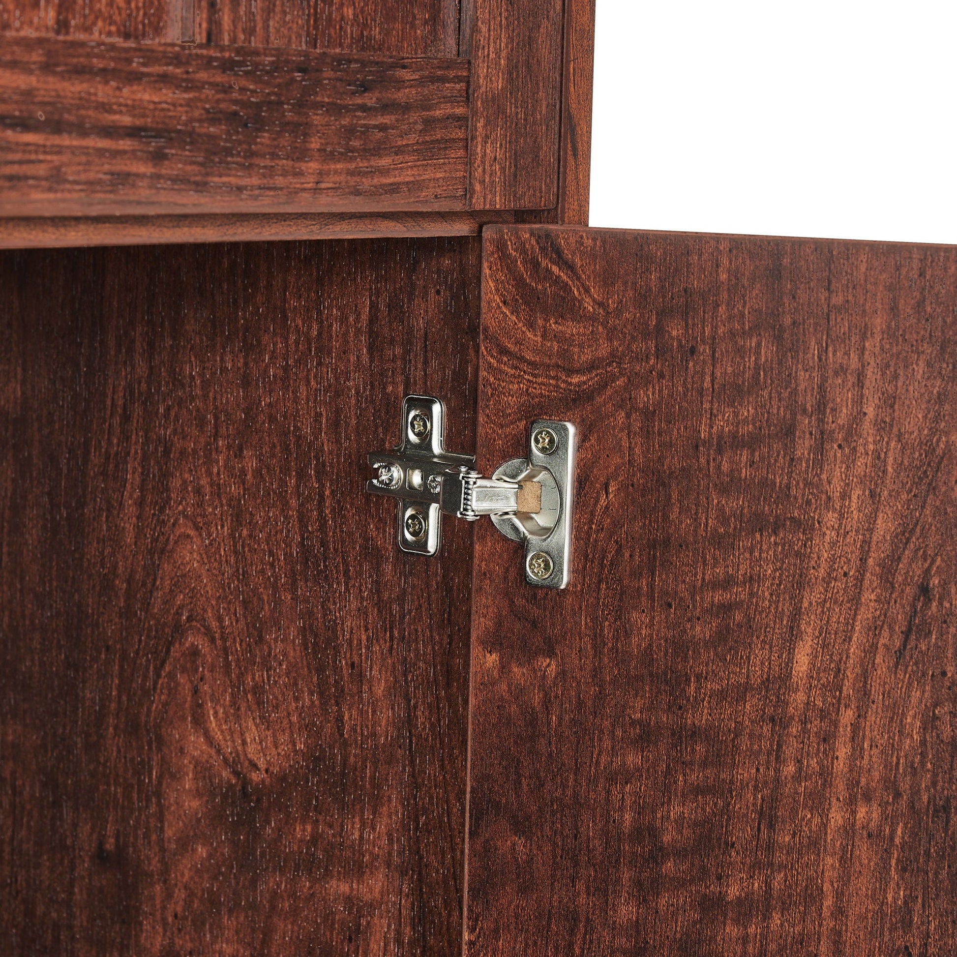 Tall wooden storage cabinet door close-up with metal hinge hardware on Tampa Home & Garden Store