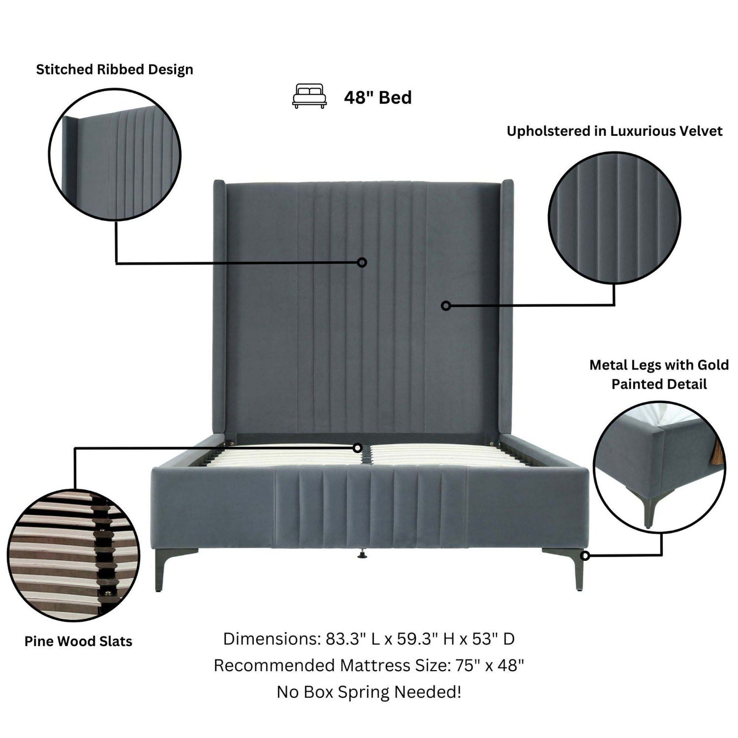 Promenade upholstered bed by HouseOfZazla with ribbed velvet headboard and slats on Tampa Home & Garden Store