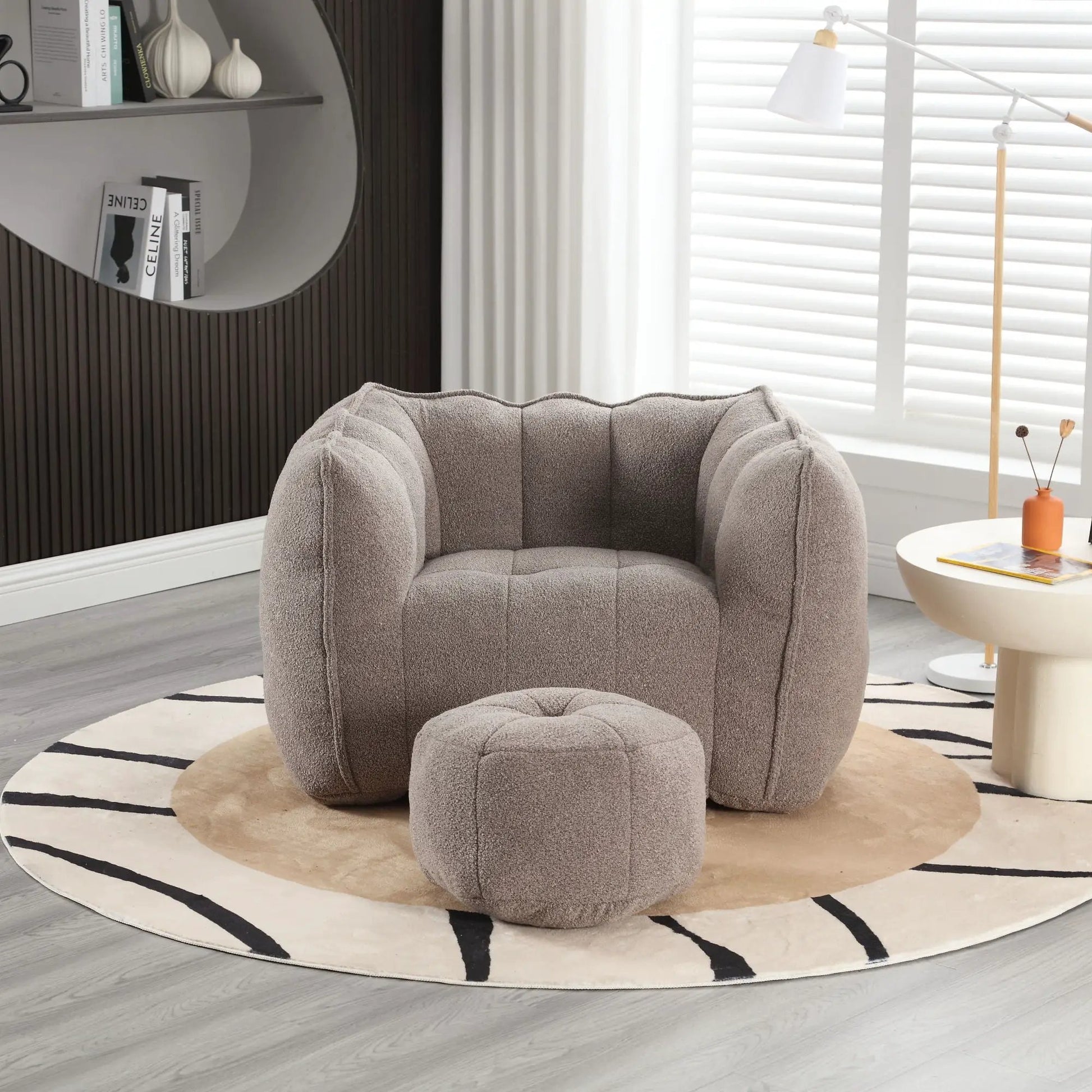 Soft bean bag chair with high resilient foam and ottoman in gray plush fabric on Tampa Home & Garden Store