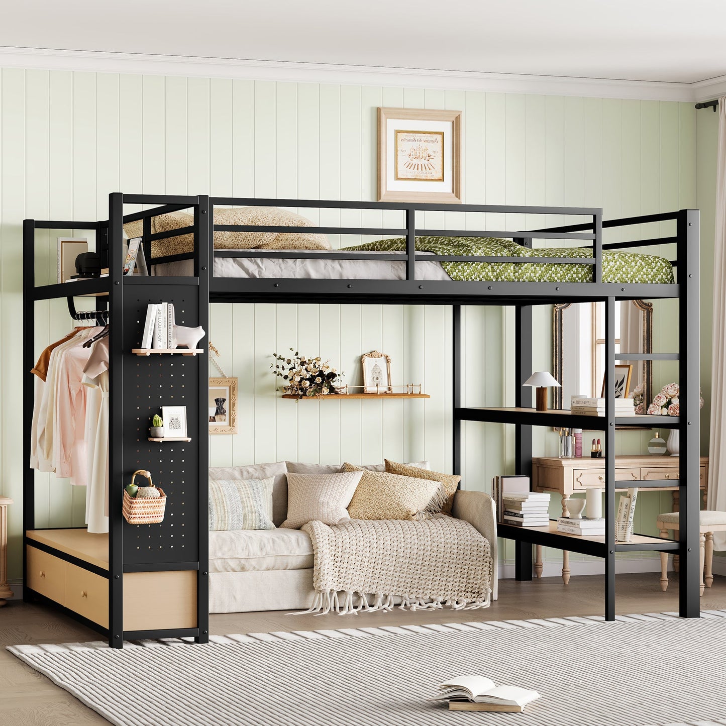 Queen Size Metal Loft Bed Frame and Wardrobe
