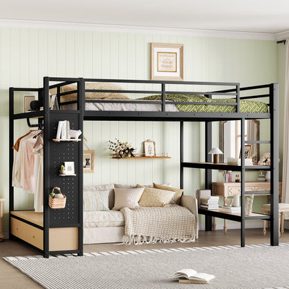 Queen Size Metal Loft Bed Frame and Wardrobe