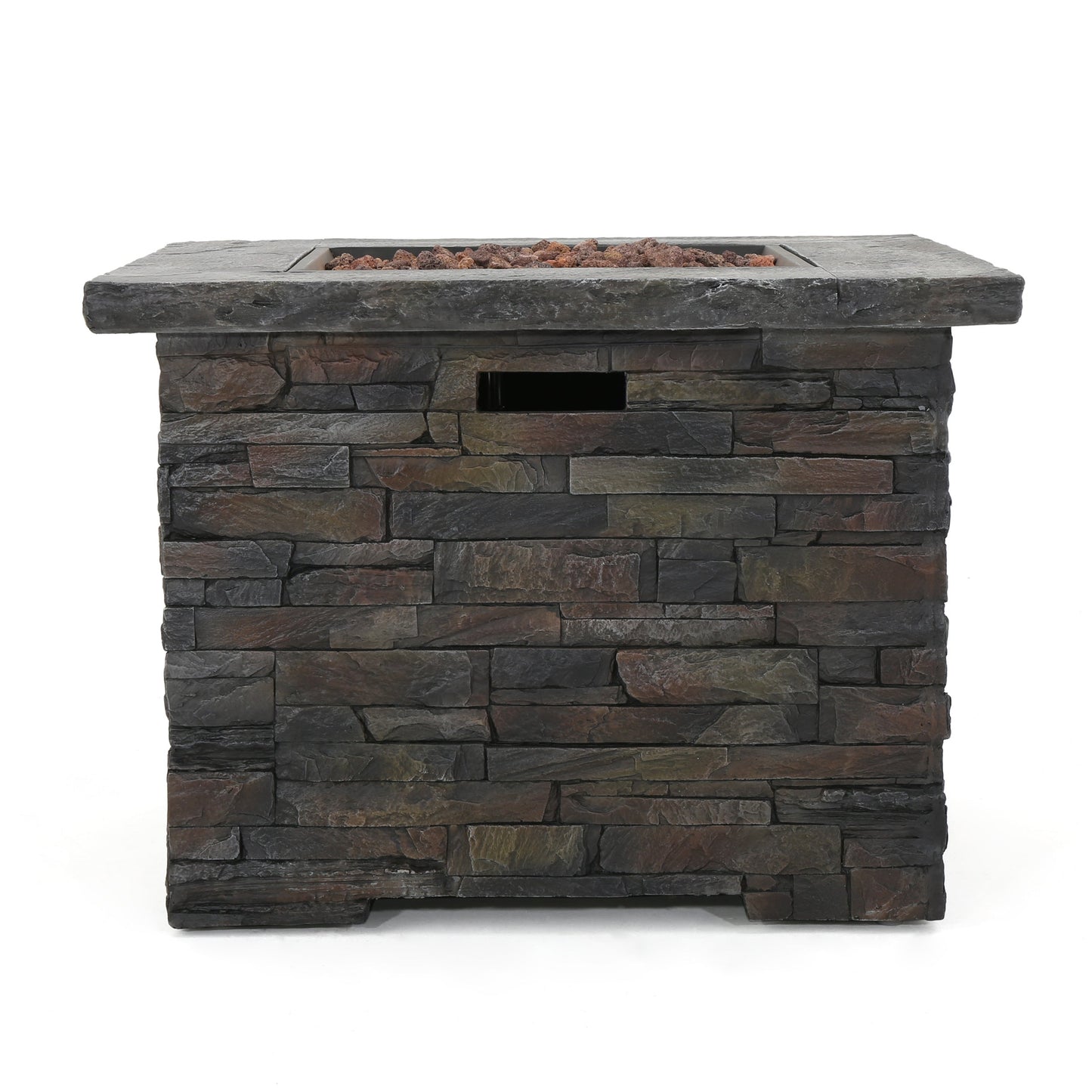 33in square MGO fire pit 40,000 BTU with stacked stone exterior and lava rock bed on Tampa Home & Garden Store