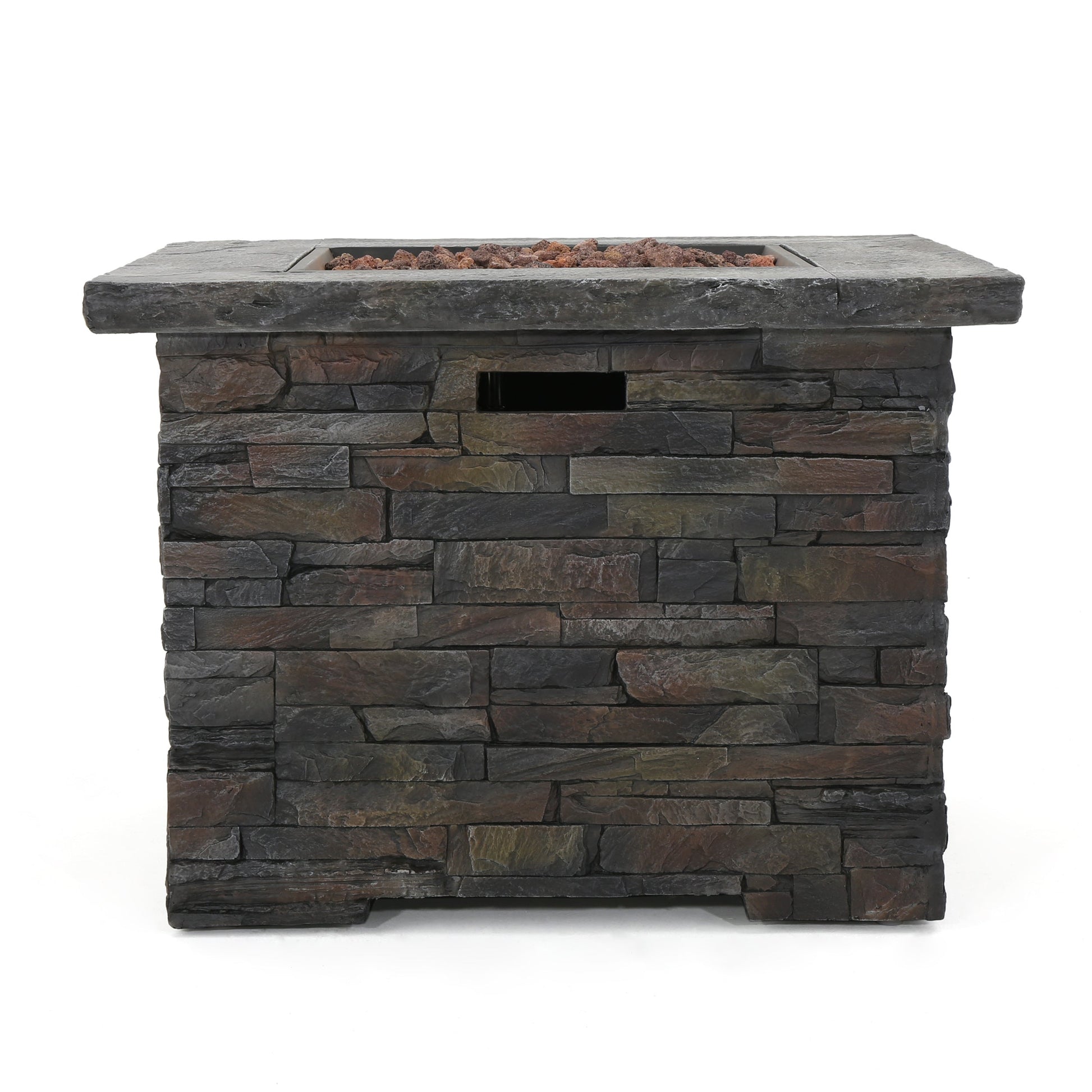 33in square MGO fire pit 40,000 BTU with stacked stone exterior and lava rock bed on Tampa Home & Garden Store