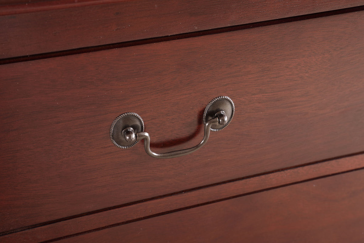 Accent Chest in dark red wood with carved bases and dovetailed drawers, metal ring pulls on Tampa Home & Garden Store