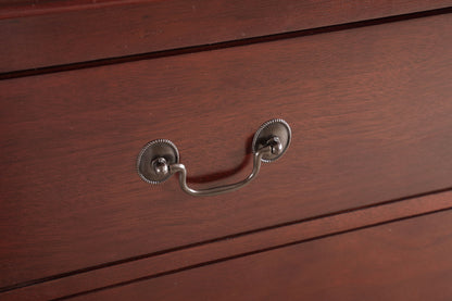 Accent Chest in dark red wood with carved bases and dovetailed drawers, metal ring pulls on Tampa Home & Garden Store
