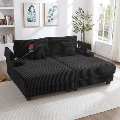 Modern chaise sofa in black ribbed fabric with adjustable backrest, cup holders & storage on Tampa Home & Garden Store