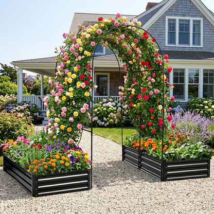 Raised garden bed with arch trellis, 2-pack black metal planter boxes filled with blooming flowers on Tampa Home & Garden Store