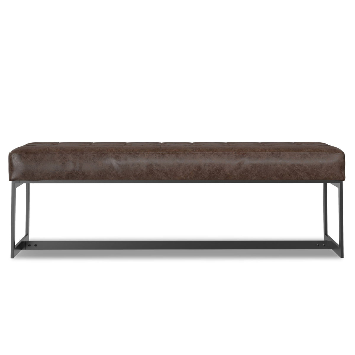 Genuine Leather Ottoman Bench brown tufted top with black metal legs on Tampa Home & Garden Store