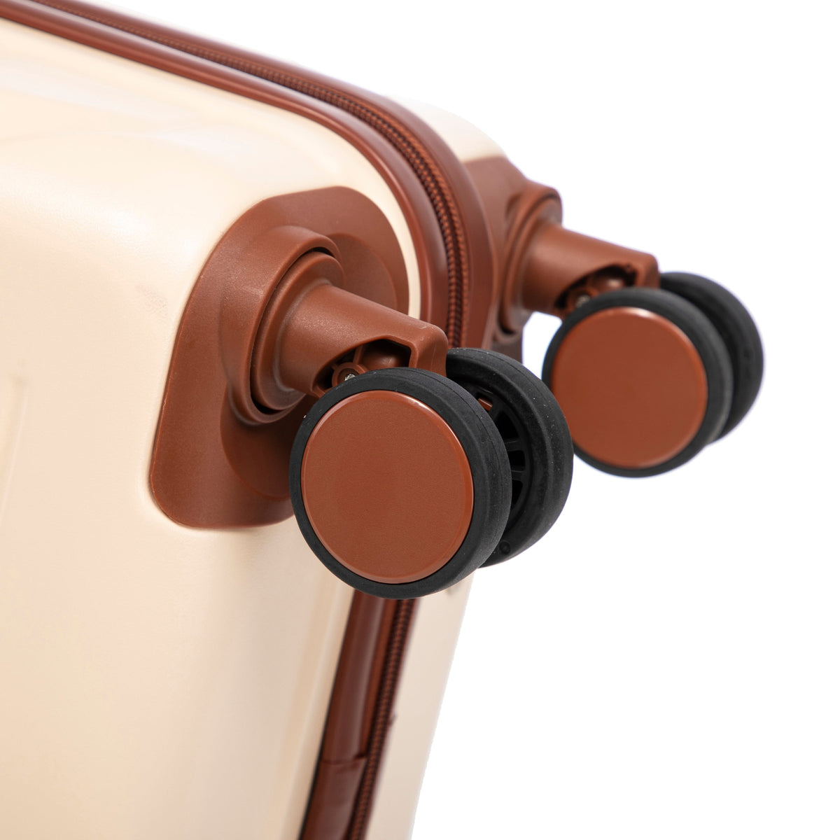 HouseOfZazla beige ABS spinner luggage set 14'/20' 2-piece with brown trim and wheels on Tampa Home & Garden Store