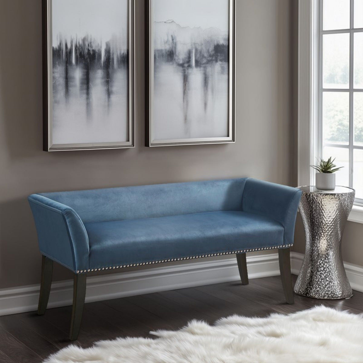 Welburn Upholstered Bench with low back and flared arms in blue fabric, nailhead trim on Tampa Home & Garden Store