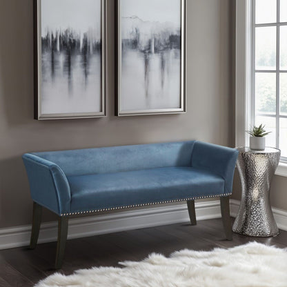 Welburn Upholstered Bench with low back and flared arms in blue fabric, nailhead trim on Tampa Home & Garden Store