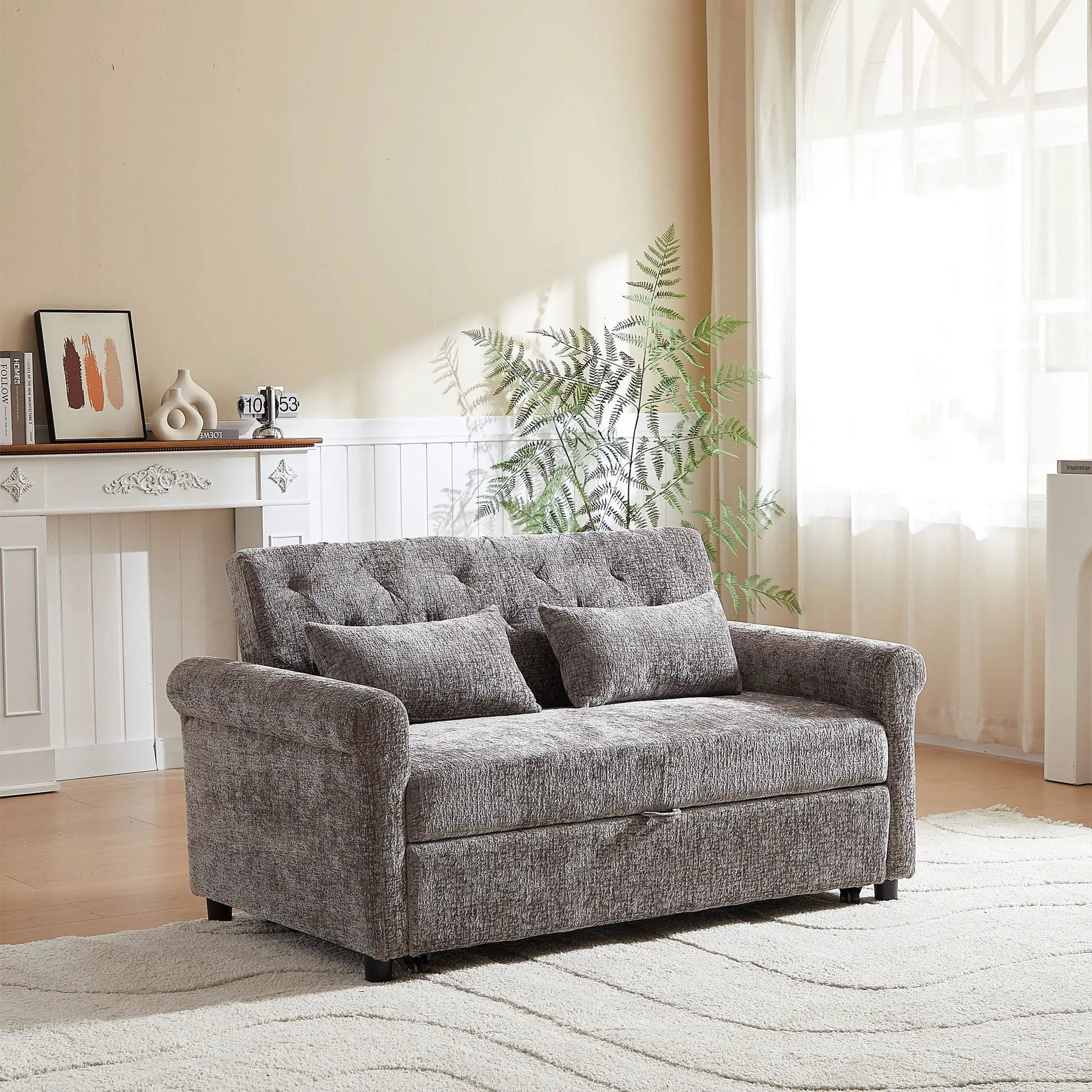 Loveseat sofa bed with gray textured fabric and 2 pillows by Unique Piece Furniture on Tampa Home & Garden Store