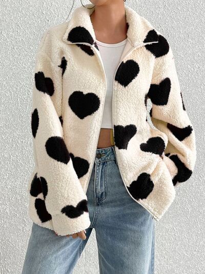 Cute heart-print furry zip-up jacket in cream with black hearts by Stevvex on Tampa Home & Garden Store