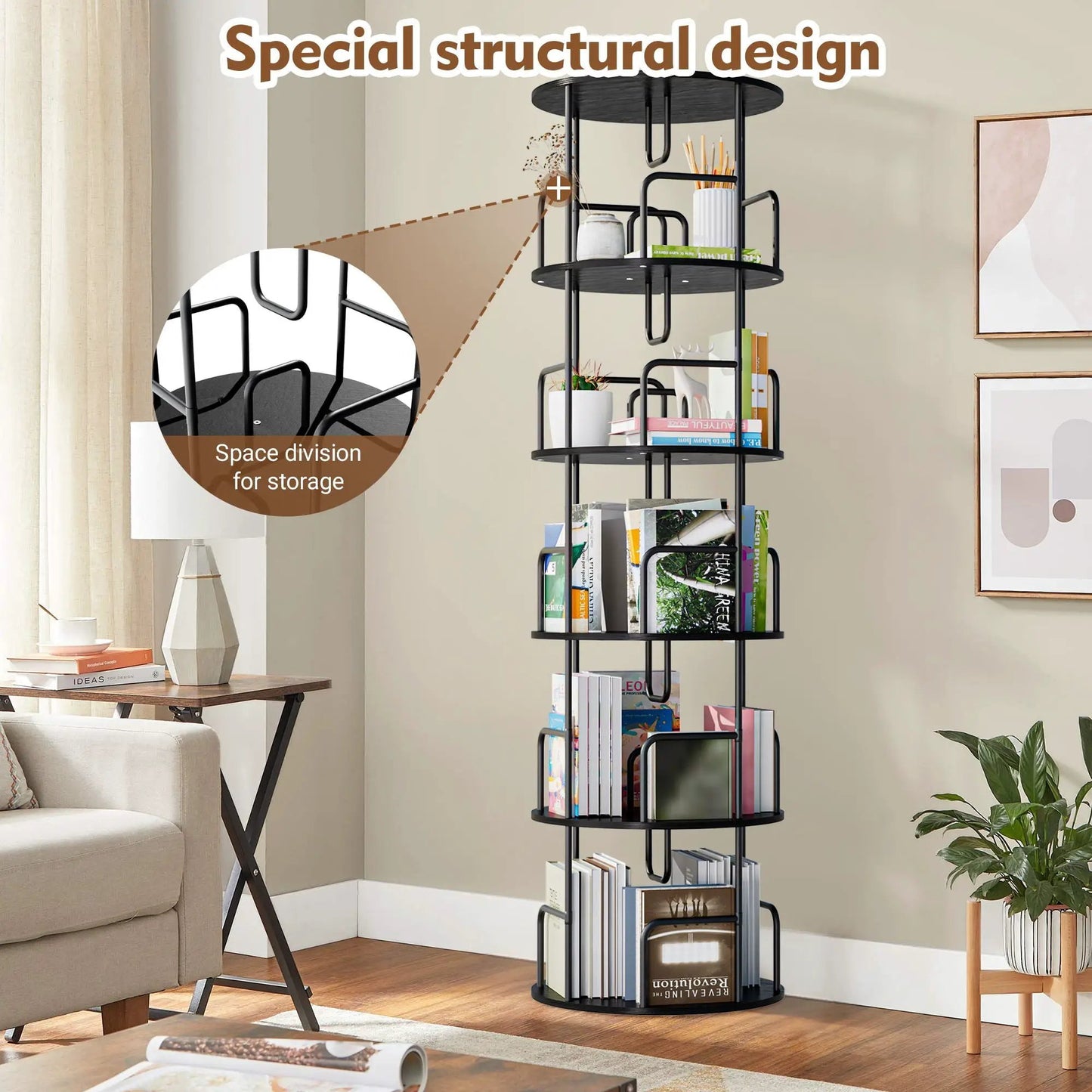 Rotating Bookshelf Tower 5 Tier Spinning Shelf